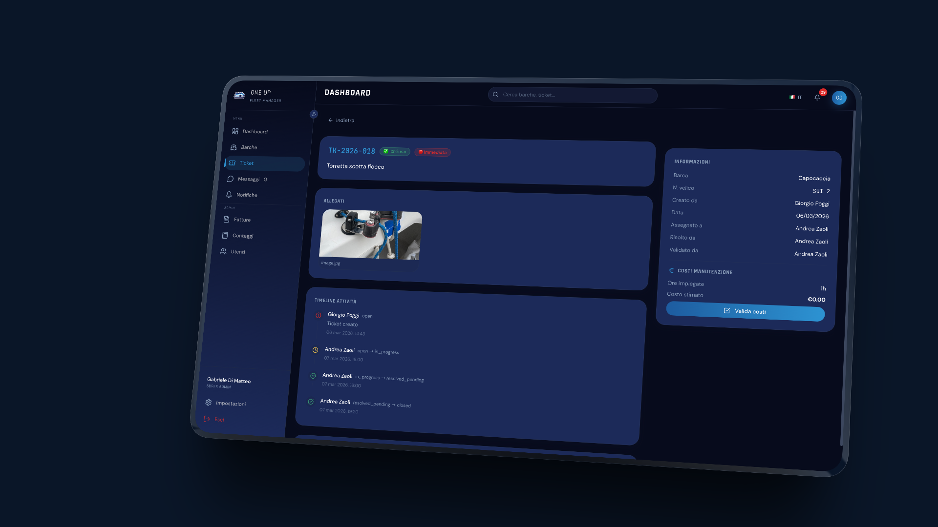 Dettaglio ticket con timeline attività e costi manutenzione