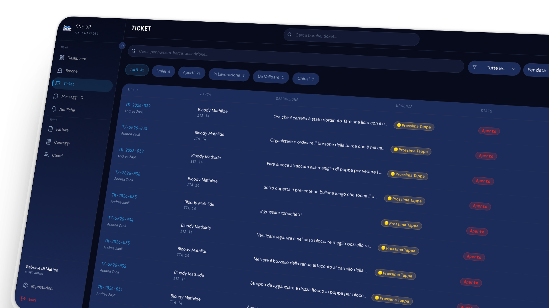 Lista ticket di manutenzione One Up Fleet System